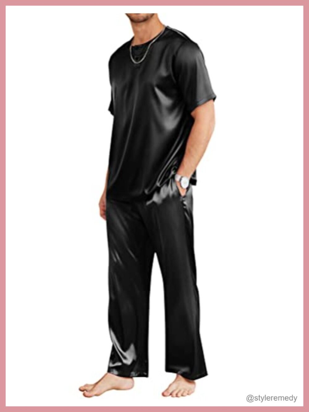 Men's Silk Pajama Set Short Sleeve Button Down Top Long Pants Sleepwear